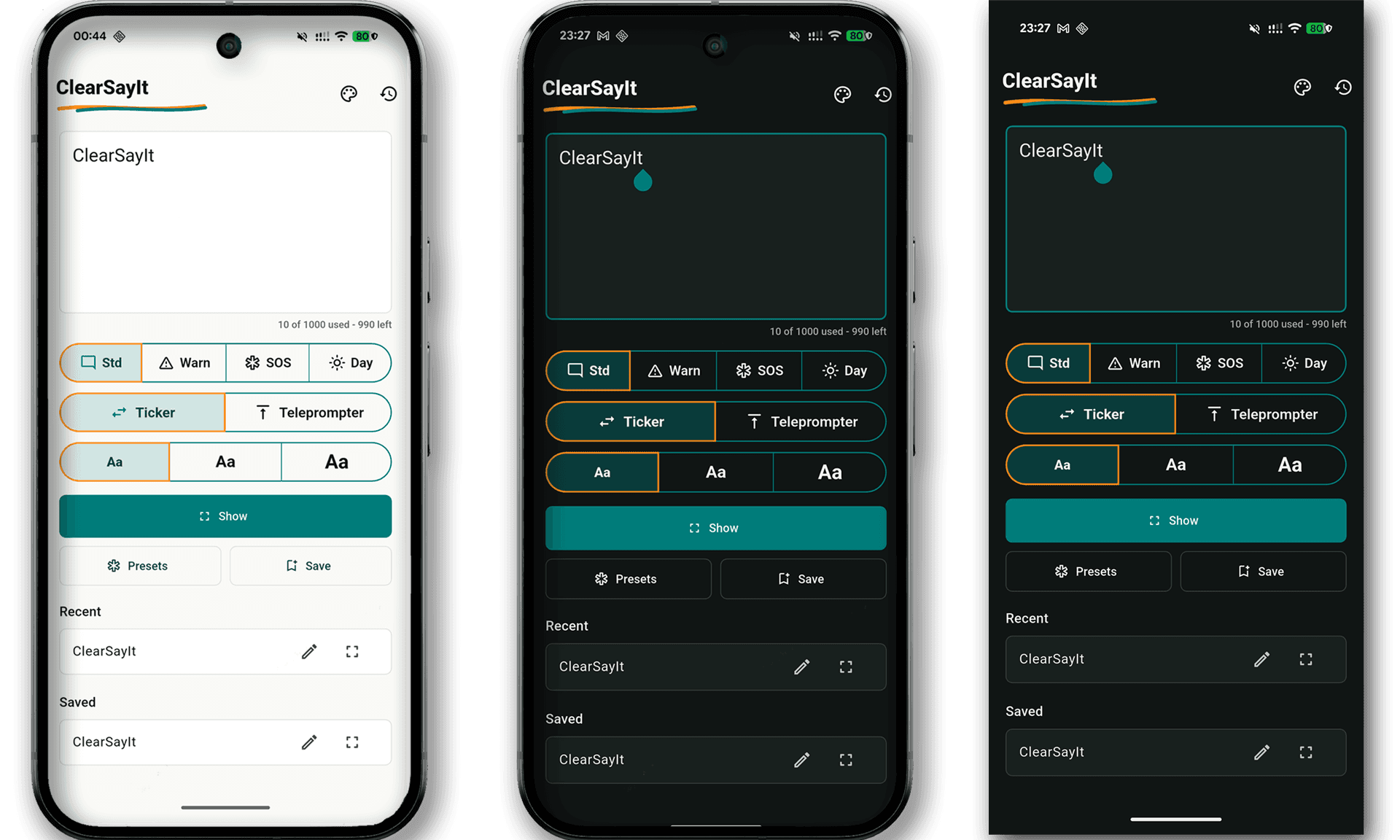 ClearSayIt compose screen with a typed message ready to show.