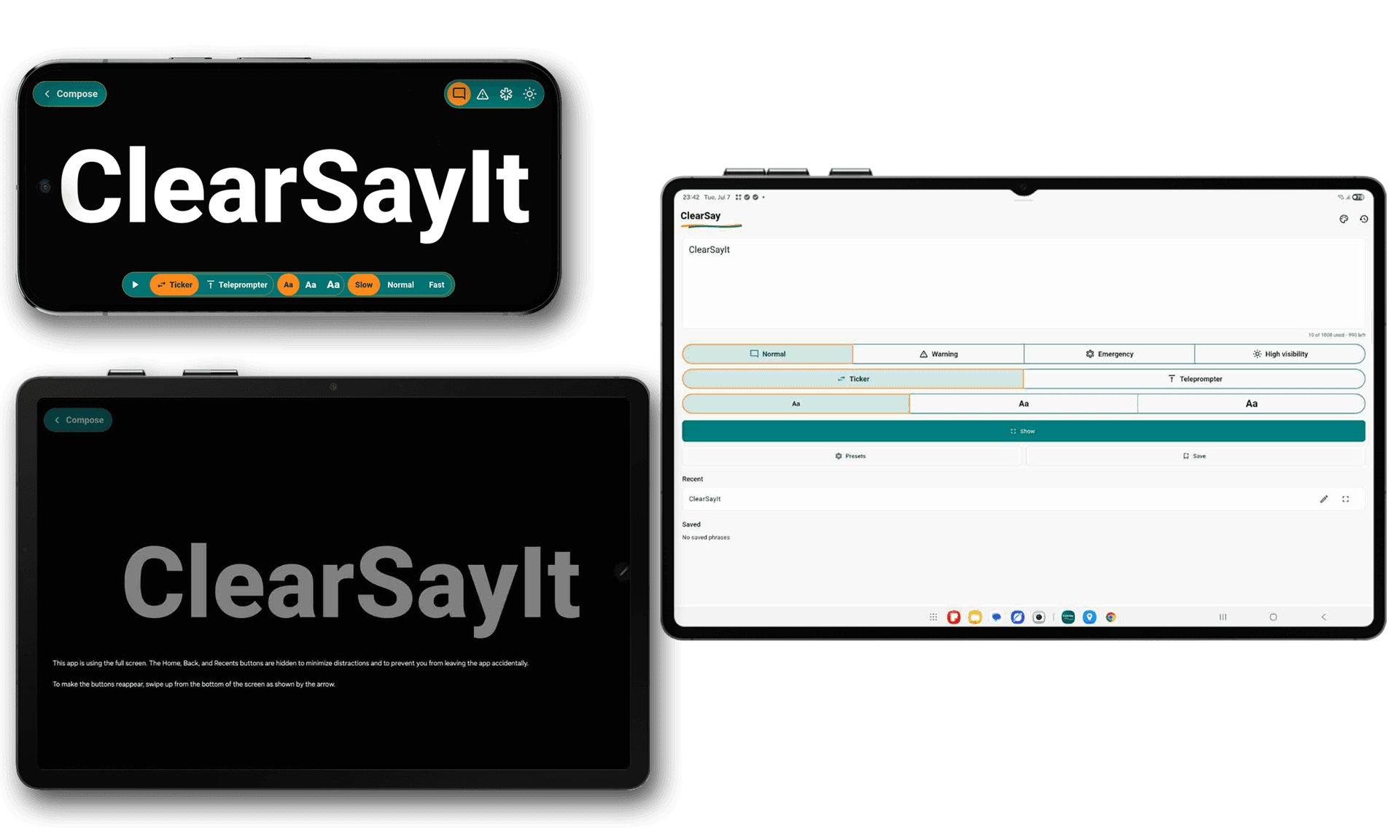 ClearSayIt fullscreen text display showing a large message.