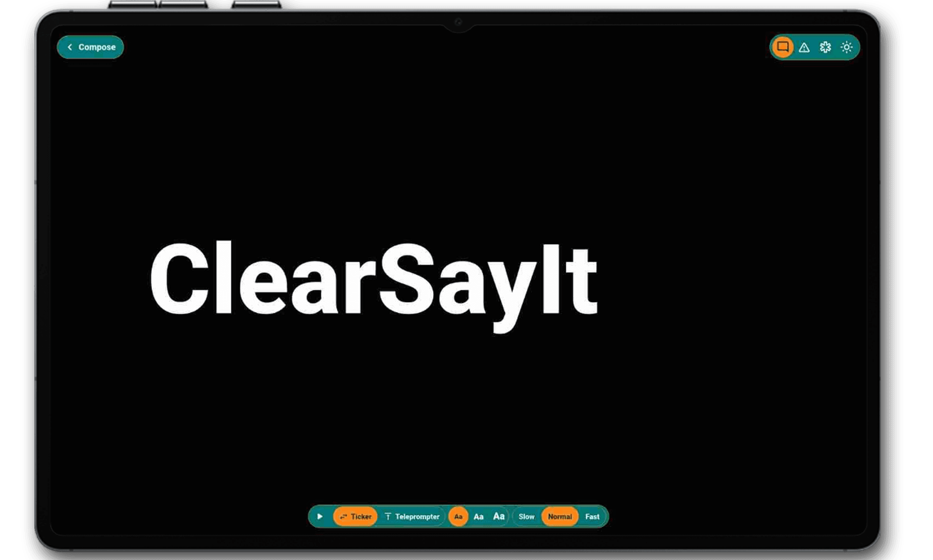 ClearSayIt display controls with ticker, teleprompter, text size and speed options.