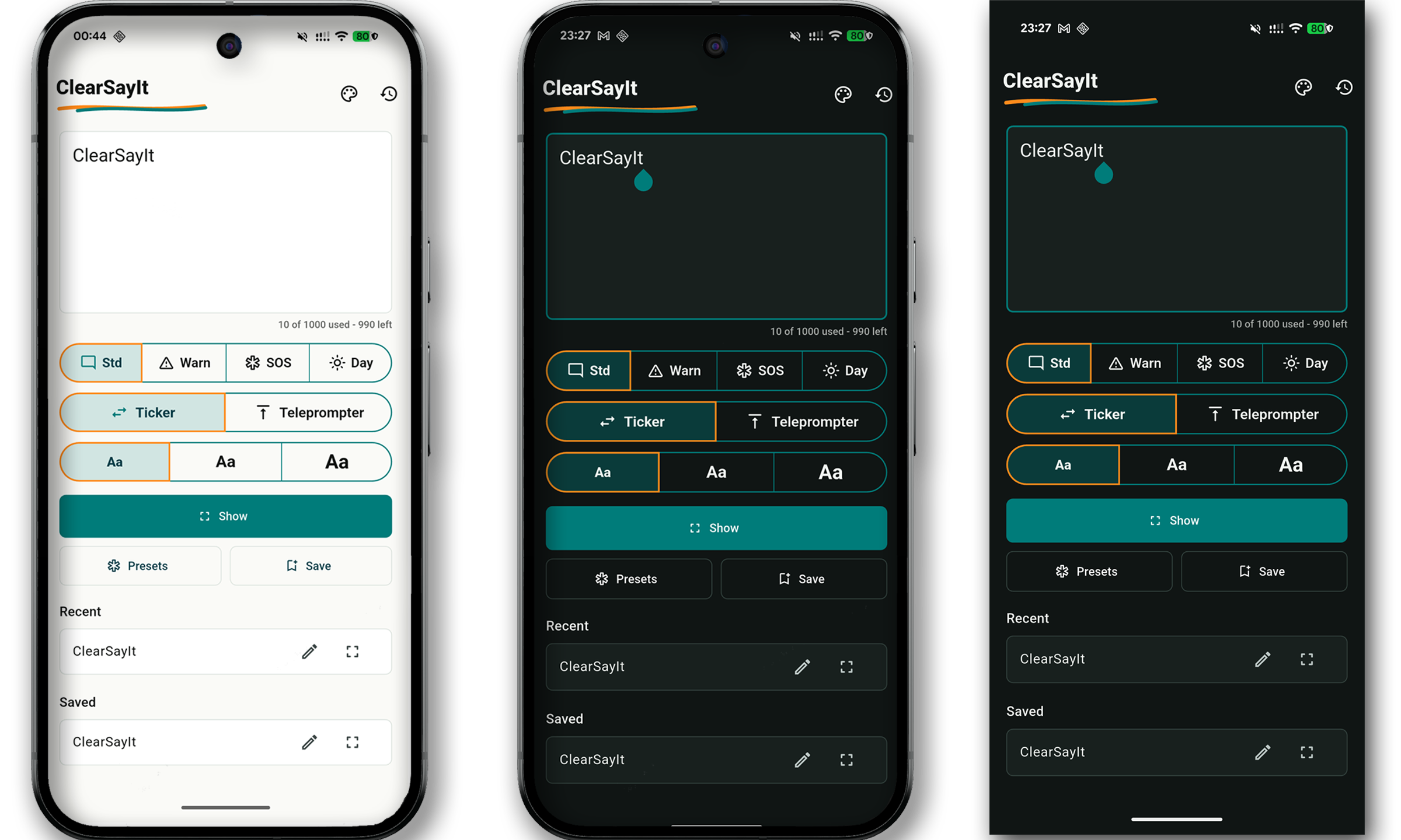ClearSayIt compose screen with a typed message ready to show.