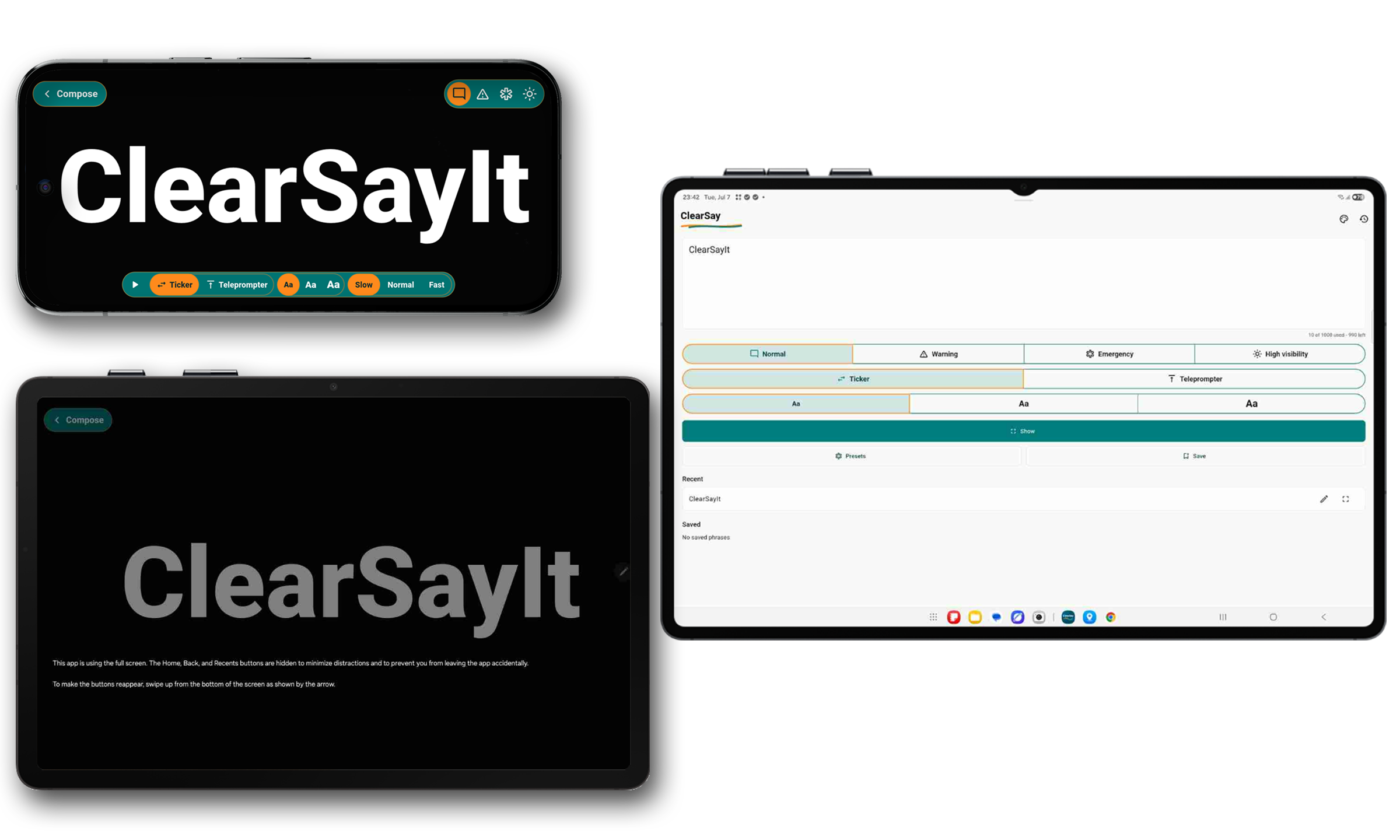ClearSayIt fullscreen text display showing a large message.