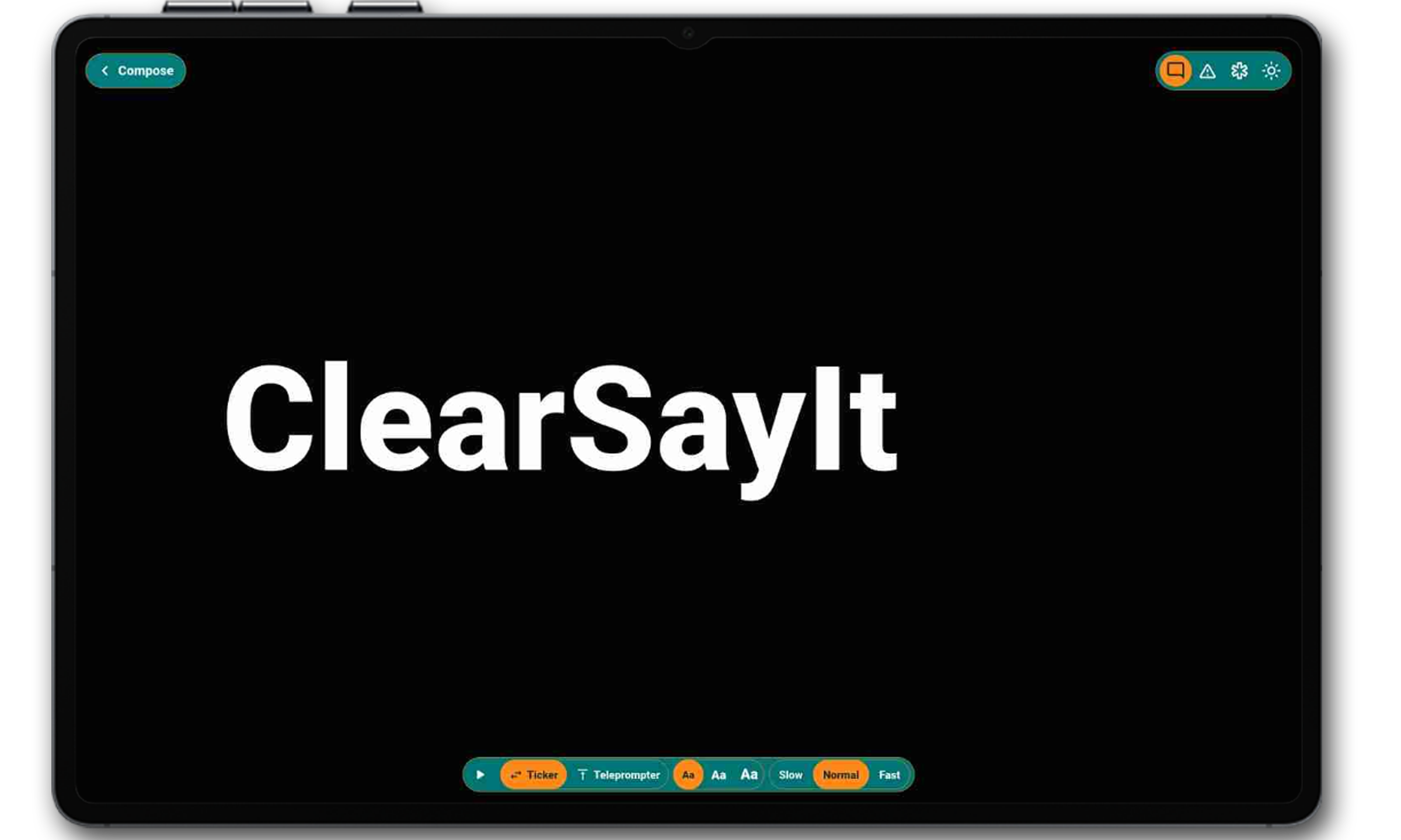 ClearSayIt display controls with ticker, teleprompter, text size and speed options.